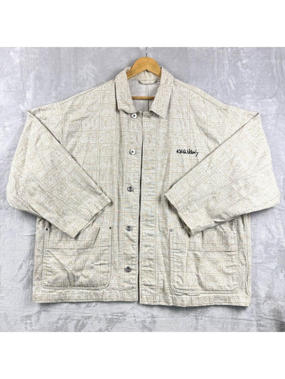 H&M x Keith Haring XXL Chore Jacket Beige All Over Graphic Workwear Streetwear